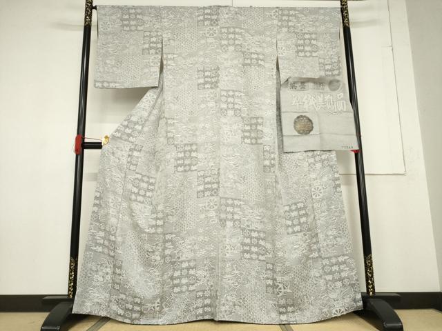 平和屋着物●山岡古都・古都染人　染織美術品　薬墨染　天目織　お召　市松吉祥花文　正絹　逸品　AABF1366ck