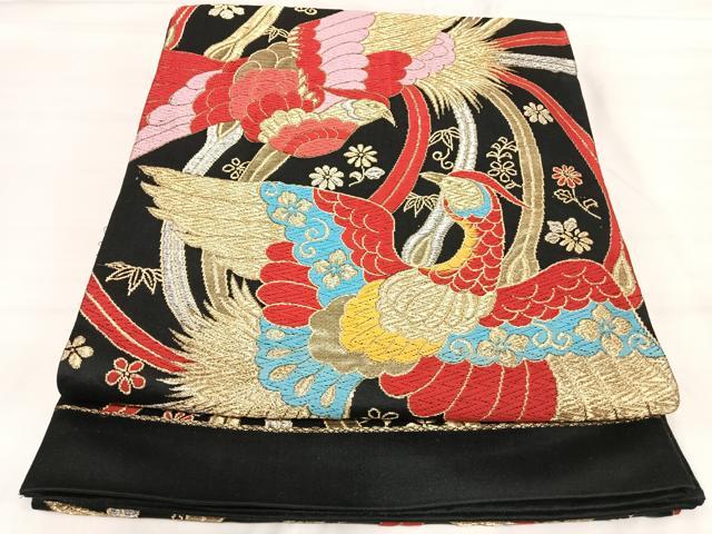 平和屋着物◎六通柄袋帯　唐織　向かい鳳凰　黒地　金銀糸　正絹　逸品　AABI5611yx
