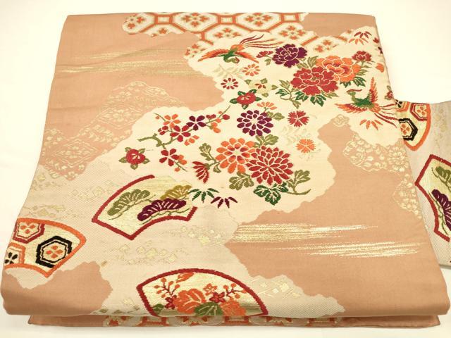 平和屋着物◎アンティーク　大正ロマン　九寸名古屋帯　唐織　道長花鳥文　金糸　正絹　逸品　CAAV3224ft