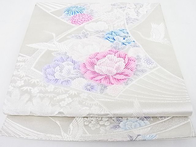 平和屋着物◎六通柄袋帯　唐織　扇面飛鶴花文　銀糸　正絹　逸品　AAAH8924Aru
