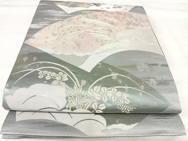 平和屋着物◎六通柄袋帯　地紙草葉文　銀糸　正絹　逸品　AABI5638yx