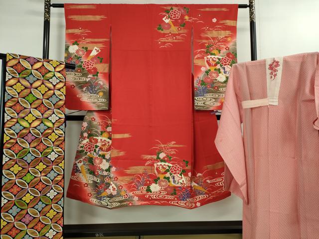 平和屋本店[]極上　七五三　女の子　7歳　祝着・襦袢(無双仕立て・半衿刺繍)・袋帯　3点セット　檜扇鴛鴦花文　金彩　逸品　DZAB1852kh6