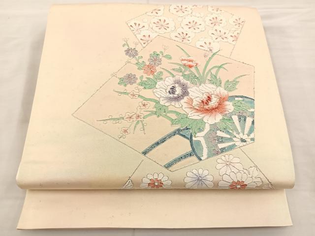 平和屋着物◎太鼓柄袋帯　総駒刺繍　草花文　銀糸　正絹　逸品　BAAS5527bs