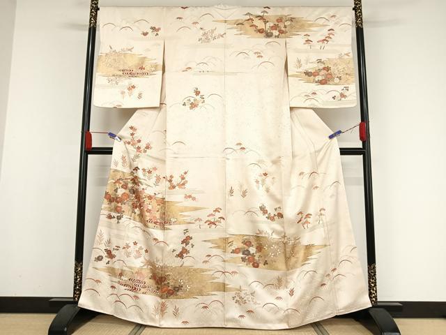 平和屋着物●訪問着　駒刺繍　霞草花文　正絹　逸品　AAAY9955np