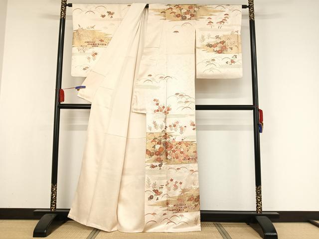 平和屋着物●訪問着　駒刺繍　霞草花文　正絹　逸品　AAAY9955np