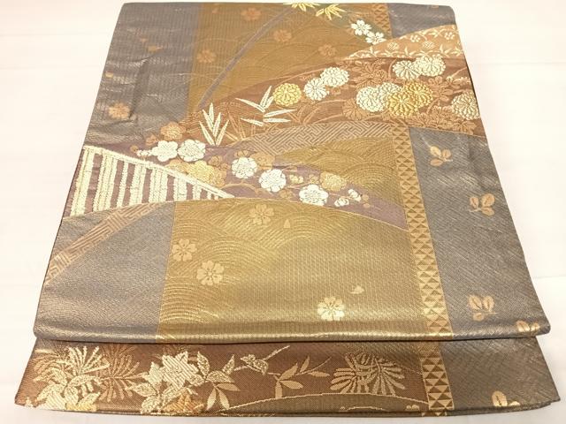 平和屋着物◎六通柄袋帯　舞花芝草文　金糸　正絹　逸品　AABD7313yx