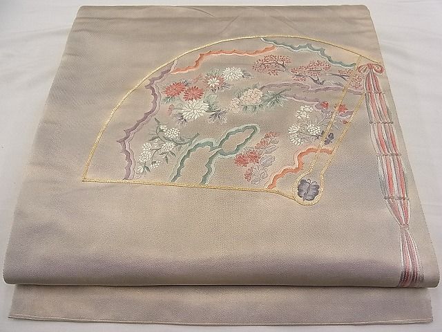 平和屋着物■袋帯　総刺繍　駒刺繍　檜扇吉祥草花文　金糸　逸品　n-pk2750