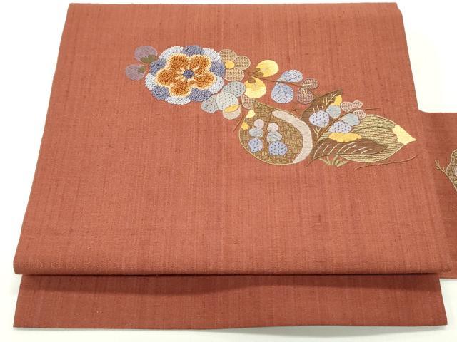 平和屋着物●中国三大刺繍 スワトウ刺繍 汕頭刺繍 相良刺繍 総刺繍 九寸名古屋帯 紬地 草花文 蘇芳色 金糸 正絹 逸品 DAAV9166ob(4)