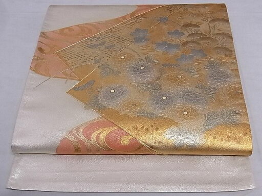 平和屋着物■太鼓柄袋帯 駒刺繡 色紙重ね流水花文 金銀彩 正絹 逸品 A-sx7373 平和屋着物■太鼓柄袋帯 駒刺繡 色紙重ね流水花文 金銀彩 正絹 逸品 A-sx7373