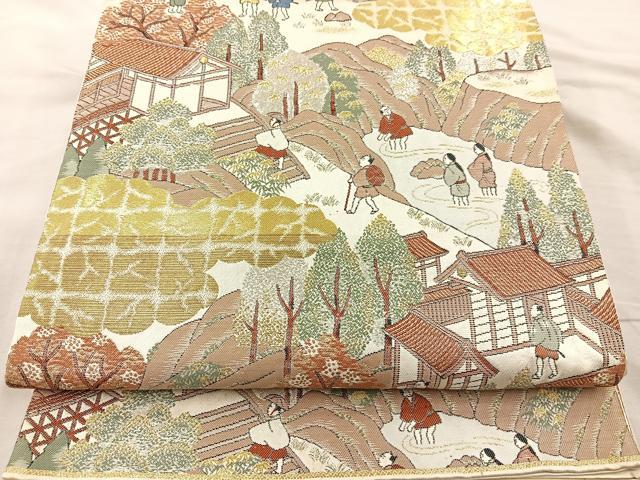 平和屋着物◎六通柄袋帯　人物風景文　金銀糸　正絹　逸品　BAAR4809ct