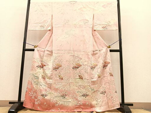 平和屋着物▽訪問着 単衣 飛鶴扇面花文 暈し染め 金銀彩 正絹 逸品 未使用 BAAS8389hv 平和屋着物▽訪問着 単衣 飛鶴扇面花文 暈し染め 金銀彩 正絹 逸品 未使用 BAAS8389hv