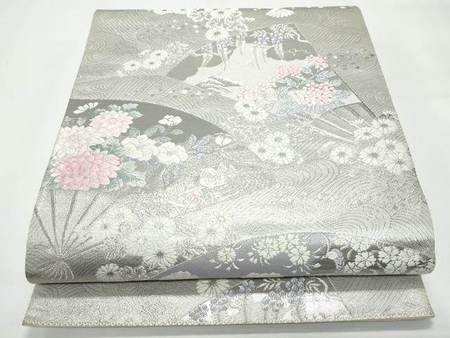 平和屋着物◎六通柄袋帯　九百錦　唐織　プラチナ二重箔　扇面草花文　正絹　逸品　CAAY3133vf