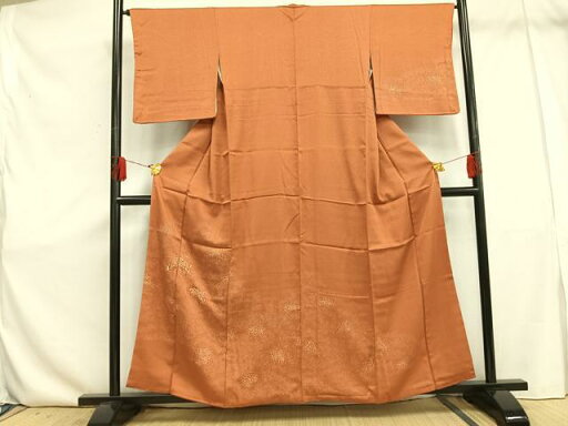 平和屋着物■訪問着 刺繍 草花文 赤茶色 正絹 逸品 AAAU6974es 平和屋着物■訪問着 刺繍 草花文 赤茶色 正絹 逸品 AAAU6974es