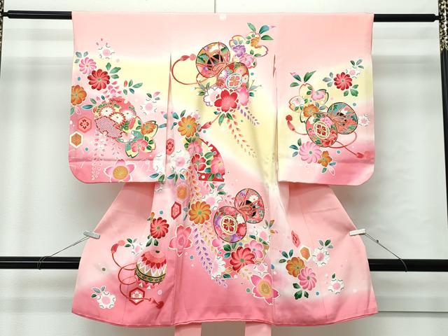 平和屋着物[]極上　女の子　祝着　産着　初着　のしめ　お宮詣り　鼓花毬文　暈し染め　金彩　逸品　CZ..