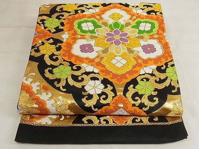 平和屋着物◎六通柄袋帯　正倉院花文　黒地　金銀糸　正絹　逸品　AAAF4703Bsw