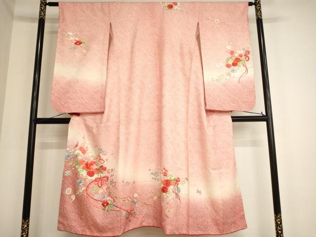 平和屋着物∵女の子　十三参り　子供　祝着　総絞り　駒刺繍　扇面花文　暈し染め　金銀糸　銀彩　正絹　逸品　未使用　AABA1124ja