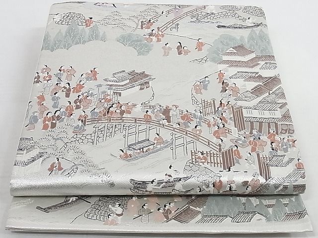 平和屋着物◎六通柄袋帯 江戸名所日本橋 銀糸 正絹 逸品 AAAG5238Abw