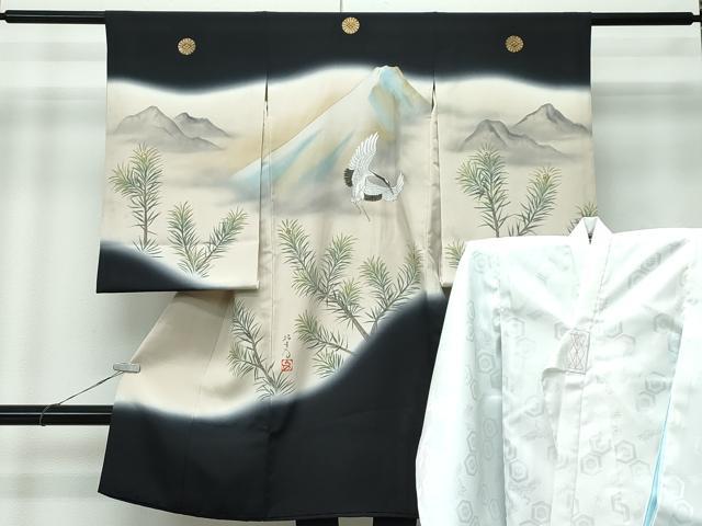 平和屋着物[]極上　男の子　祝着　産着　初着　のしめ　長襦袢セット　お宮詣り　遠山飛鶴松文　暈し染..