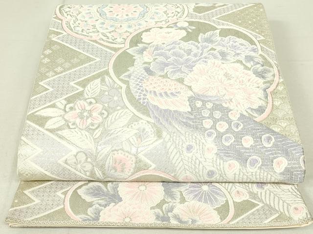 平和屋着物◎六通柄袋帯　唐織　孔雀花文　銀糸　正絹　逸品　DAAY6529qp