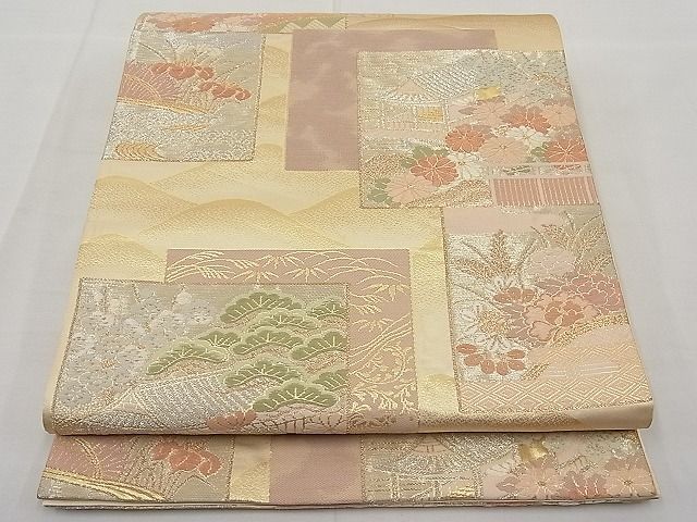 平和屋着物■六通柄袋帯 唐織 色紙風景花文 金糸 逸品 n-ar3447
