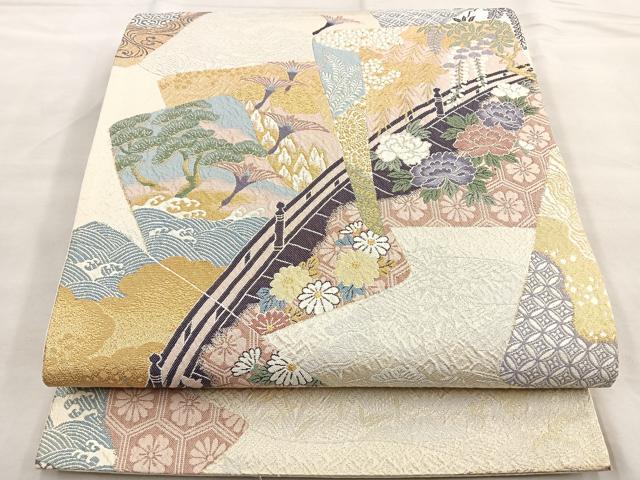 平和屋着物■六通柄袋帯　色紙橋上文　ふくれ織　金糸　正絹　逸品　BAAN6115ea