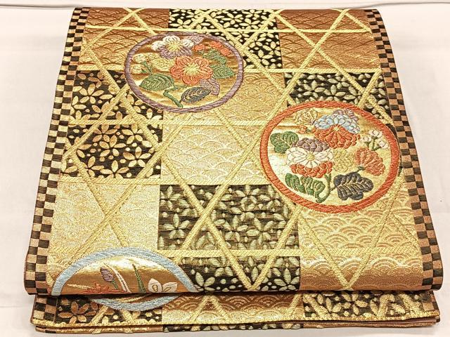 平和屋着物◎六通柄袋帯　草花丸文　金糸　正絹　逸品　CAAN7207kb