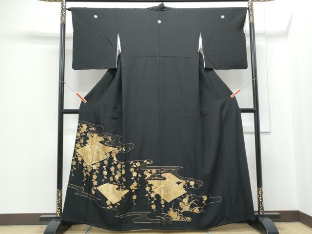 平和屋着物▼豪華黒留袖　駒刺繍　鴛鴦花文　金糸　正絹　逸品　CABD5492th