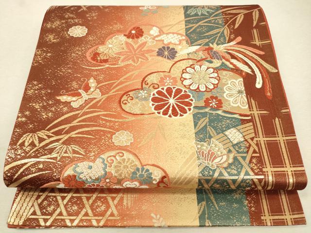 平和屋着物◎六通柄袋帯　唐織　花鳥文　金糸　引箔　正絹　逸品　DAAO9510bc