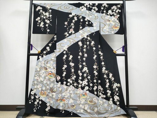 平和屋本店■極上 訪問着 駒刺繍 夜桜 鴛鴦 黒地 銀彩 逸品 CYAA0641s4 平和屋本店■極上 訪問着 駒刺繍 夜桜 鴛鴦 黒地 銀彩 逸品 CYAA0641s4