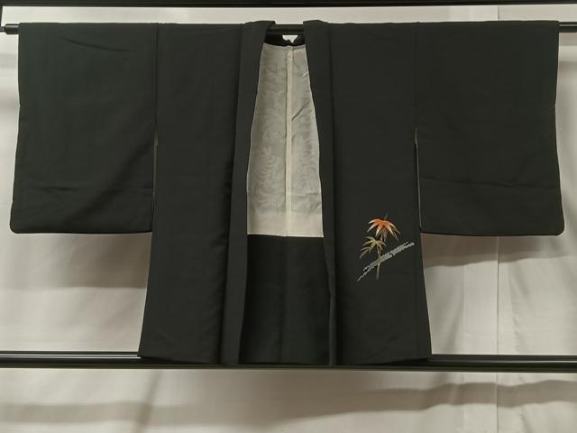 平和屋着物＃羽織 笹竹文 黒地 金彩 正絹 逸品 CABB5292ua