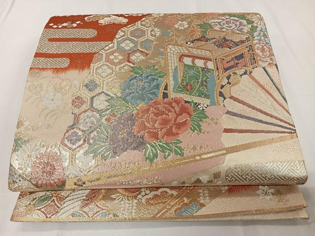 平和屋着物◎九百佐賀錦 六通柄袋帯 慶長 扇面花文 金糸 正絹 逸品 CAAY8467ua