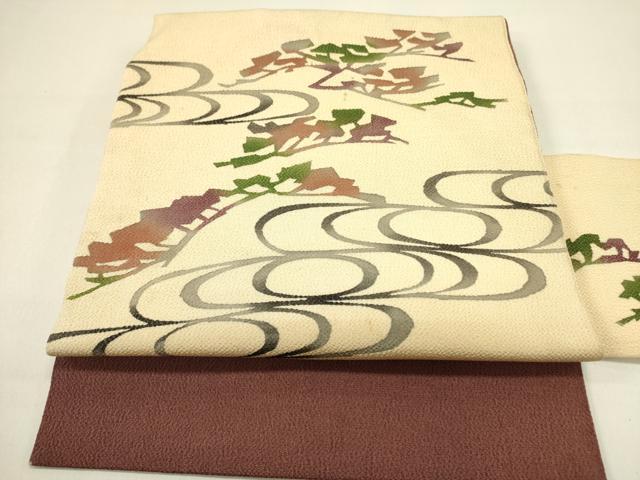 平和屋着物●九寸名古屋帯　型染　流水風景文　鬼しぼ縮緬　正絹　逸品　DAAY2694op