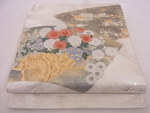 平和屋着物■六通柄袋帯 唐織 地紙花車文 金銀糸 正絹 逸品 B-cy4563