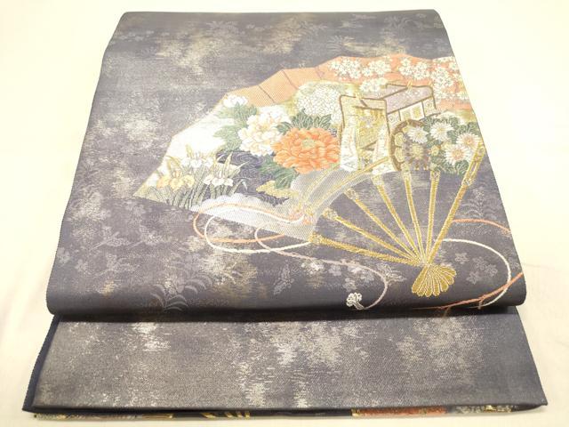 平和屋着物◎太鼓柄袋帯　唐織　扇面御所車花文　金銀糸　引箔　正絹　逸品　DAAX0724jm