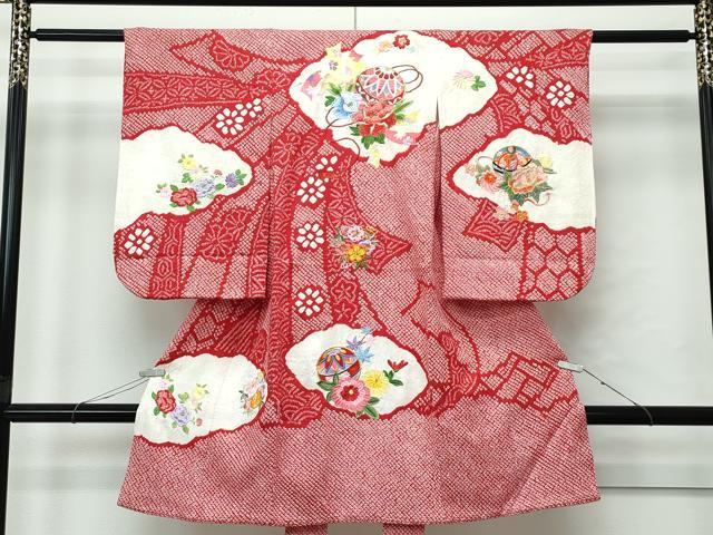 平和屋着物[]極上　女の子　祝着　産着　初着　のしめ　お宮詣り　総刺繍　絞り　雲取り花毬文　金糸　..