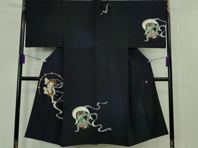 平和屋本店●極上　男性　訪問着　キングサイズ　作家物　風神雷神　黒地　逸品　DZ...