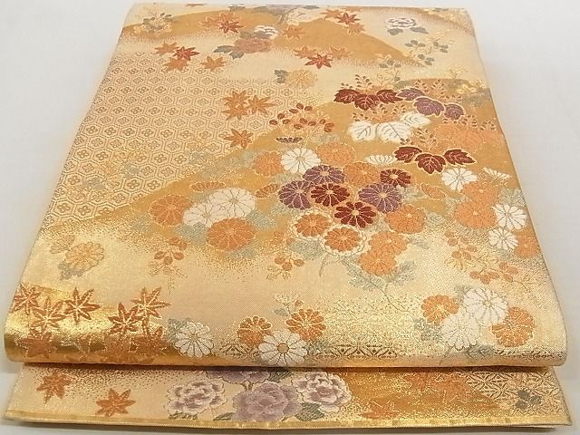 平和屋着物◎佐賀錦 六通柄袋帯 春秋草花文 金糸 正絹 逸品 AAAF5003Ajz