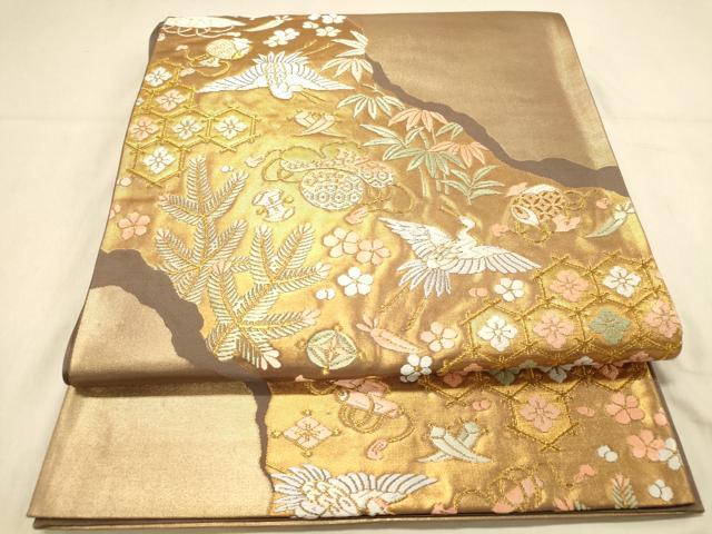平和屋着物◎六通柄袋帯　唐織　道長飛鶴宝尽くし文　金糸　引箔　正絹　逸品　DAAX0729jm
