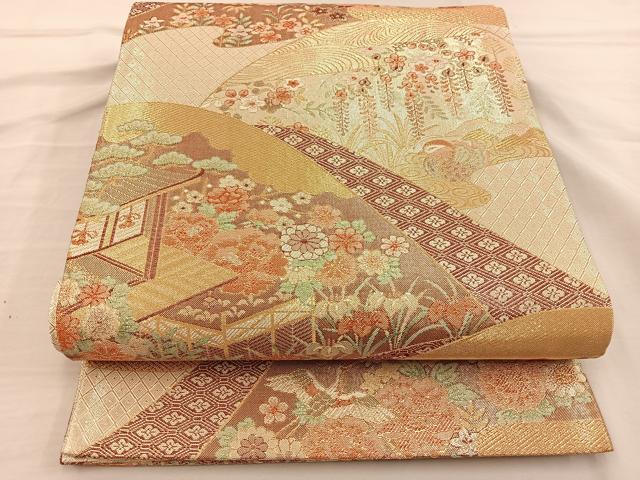平和屋着物◎六通柄袋帯 花鳥風景文 金糸 正絹 逸品 BAAT3853xa