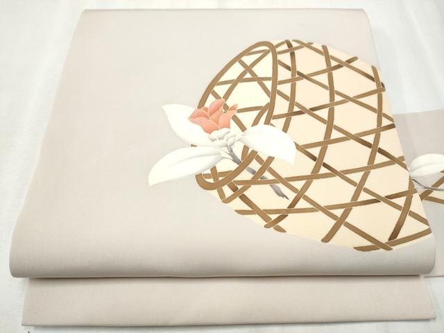 平和屋着物●塩瀬 九寸名古屋帯 刺繍 花籠文 金彩 正絹 逸品 CABB5904hy