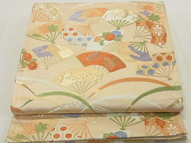 平和屋着物◎六通柄袋帯　唐織　扇面露芝草花文　金銀糸　逸品　DAAA0730ea