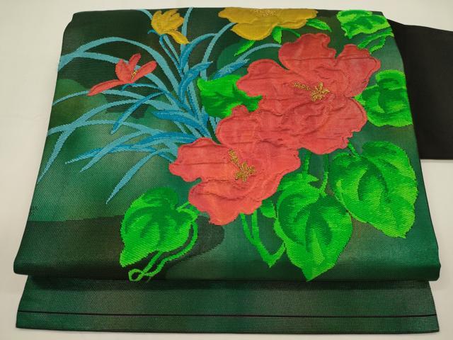 平和屋着物◎九寸名古屋帯　草花文　黒地　金糸　正絹　逸品　CAAX9112oy(4)