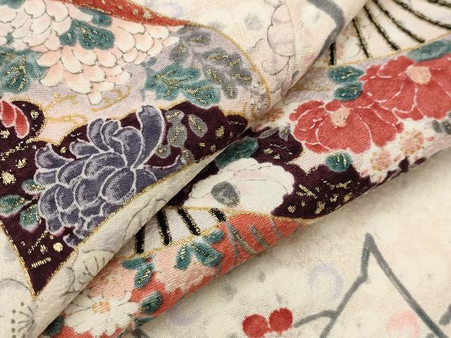 平和屋着物▽上質な小紋　単衣　扇枝花文　暈し染め　金彩　正絹　逸品　AABI0150st