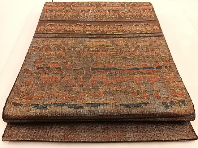 平和屋着物◎スリーシーズン　春夏秋　太鼓柄袋帯　紬地　壁画文様　金銀糸　正絹　逸品　BAAU9003yc