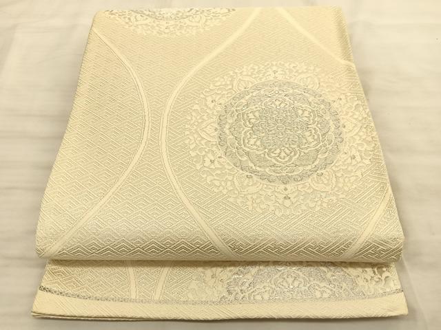 平和屋着物◎六通柄袋帯　唐織　縦枠正倉院花文　銀糸　正絹　逸品　BAAT3242du