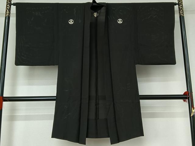 平和屋着物▽男性　羽織　黒紋付　スリーシーズン　春夏秋　塵除け　暗黒色　正絹　逸品　AABG0930jh