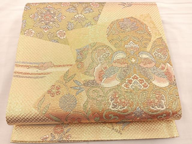平和屋着物◎六通柄袋帯　色紙花鳥文　金糸　正絹　逸品　BAAS5542bs