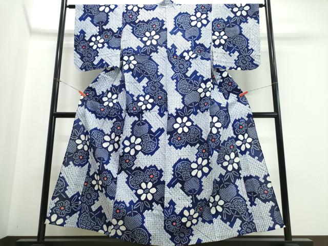 平和屋着物∴夏物　浴衣　有松鳴海絞り　団扇花文　綿　逸品　未使用　CABE9046ng
