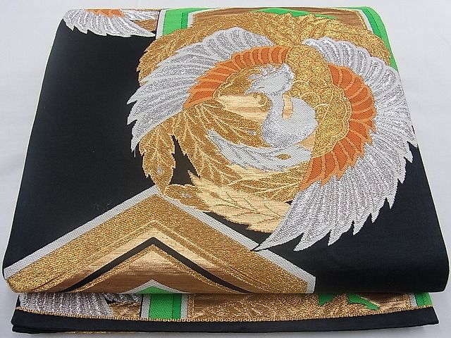 平和屋着物■六通柄袋帯 唐織 鳳凰亀甲文 黒地 金銀糸 逸品 n-mz4871