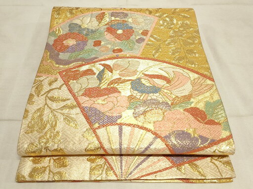 平和屋着物◎本佐賀錦 六通柄袋帯 扇面花鳥文 金糸 正絹 逸品 AAAM0772Apf 平和屋着物◎本佐賀錦 六通柄袋帯 扇面花鳥文 金糸 正絹 逸品 AAAM0772Apf